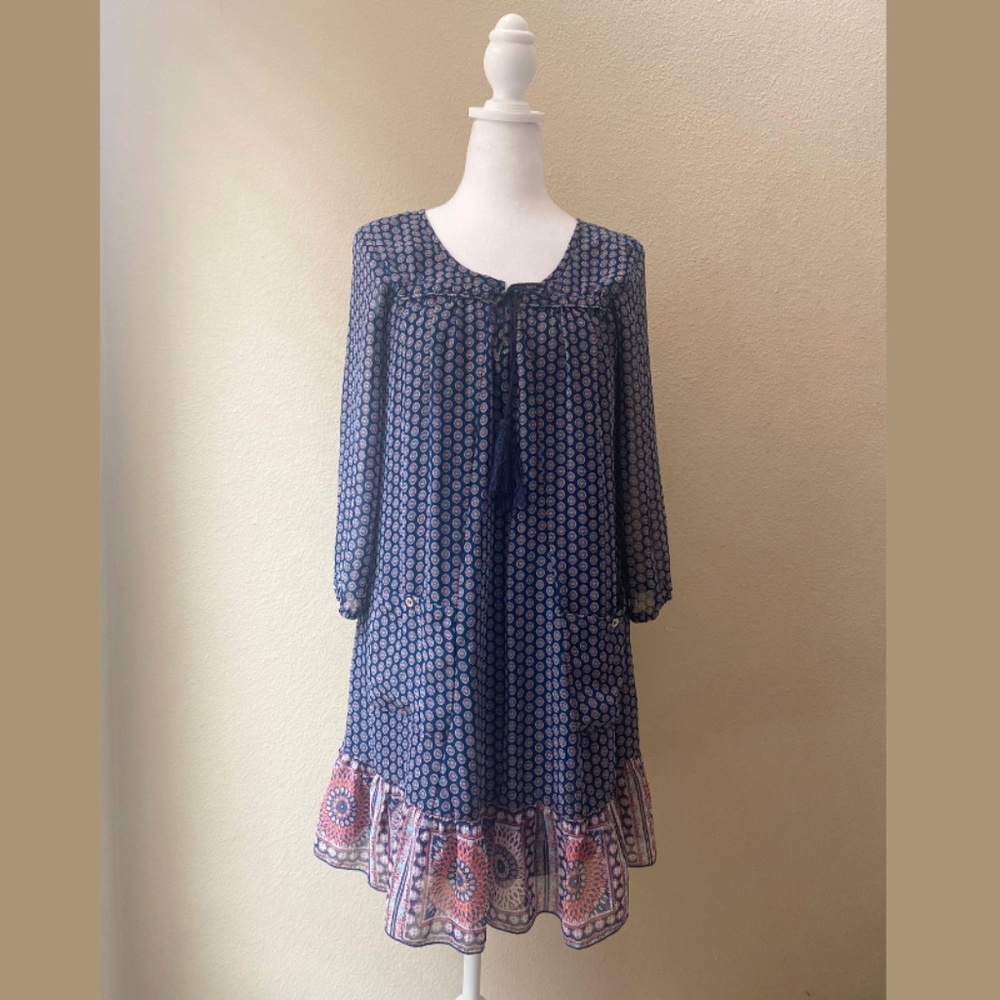 As U Wish Women's Flowy Blue and Pink Dress Shirt Sheer Size Medium
